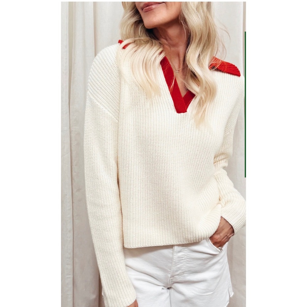 Stitches + Stripes Cream Red Split Collar 100 % Cotton Knit Sweater Small